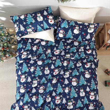 Queen Size Blue Christmas Sheet Set with Snowman Design - 4 Pieces