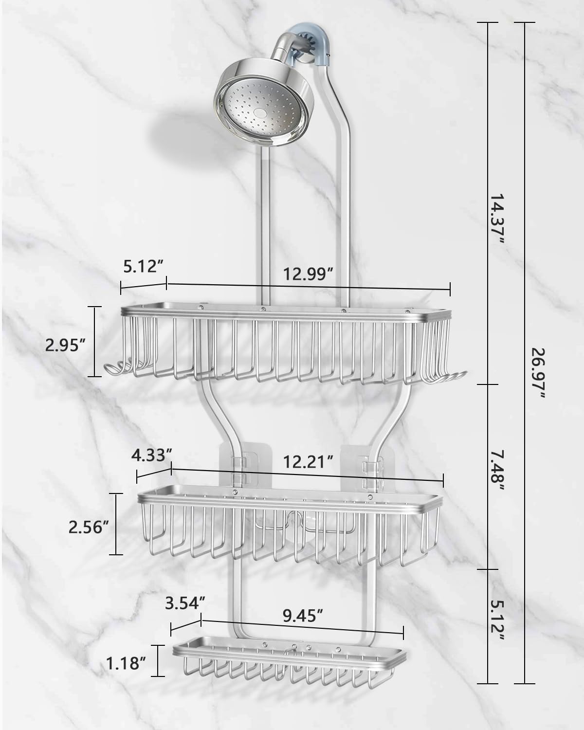 Regine Shower Caddy - Rust-Resistant Aluminum Hanging Organizer with 6 Hooks for Razors & Sponges | Silver