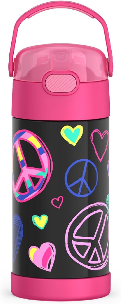 THERMOS FUNTAINER Water Bottle - 12 Ounce Kids Stainless Steel Vacuum Insulated with Straw | Peace Design