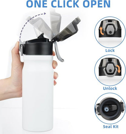 BJPKPK Insulated Water Bottle - 18oz Stainless Steel Flask with Straw & Leak-Proof Lid | White