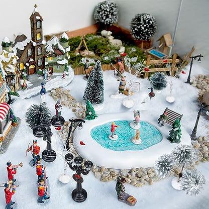 Christmas Village Scene Set with Miniature Trees & Street Lamps - 14 Pcs