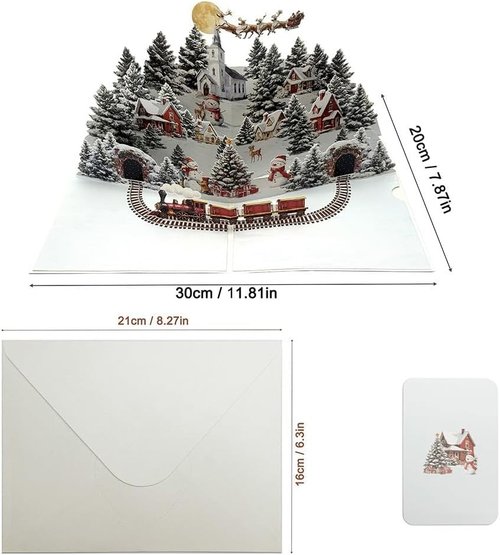 3D Pop Up Card - Winter Night Town Snowman Design | Handmade Holiday Greeting Card