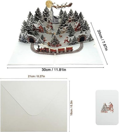 3D Pop Up Card - Winter Night Town Snowman Design | Handmade Holiday Greeting Card