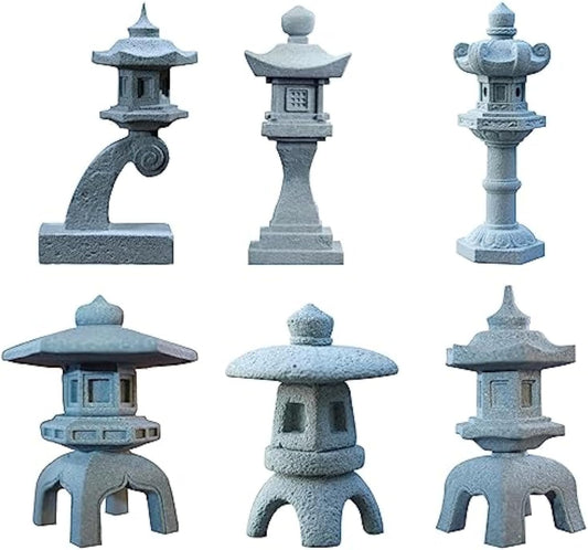 Saihisday Miniature Asian Decor - Japanese Lantern & Chinese Pagoda Statues for Fish Tank | 6pcs Set