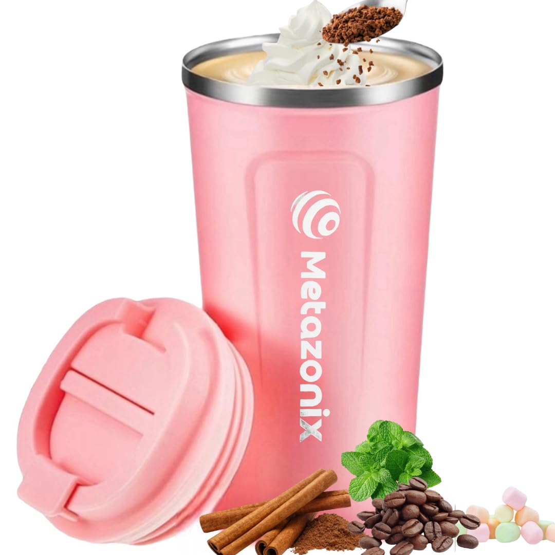 Metazonix - Travel Coffee Mug - 17oz Stainless Steel Coffee Mug - Coffee Travel Mug Spill Proof Leak Proof - Insulated Coffee Mug With Lid - Travel Coffee Tumbler - BPA Free (Pink)