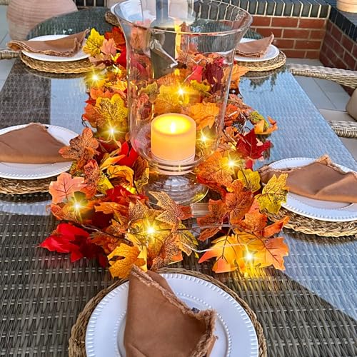 48FT Fall Leaf Garland with Lights - 8 Pack Autumn Decor for Halloween Thanksgiving