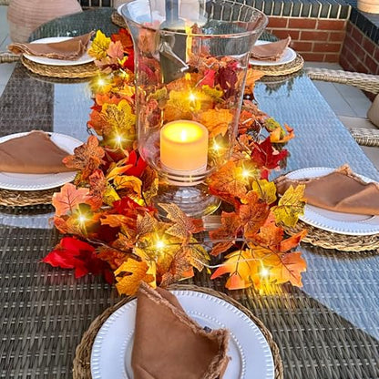 48FT Fall Leaf Garland with Lights - 8 Pack Autumn Decor for Halloween Thanksgiving
