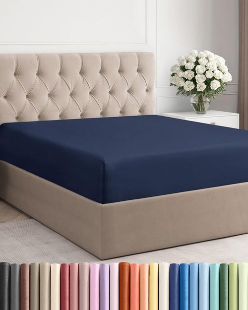 Queen Fitted Bed Sheet - Bottom Single Fitted Sheet Only - Soft Hotel Luxury Bedding w/ 8-16 Inch Deep Pockets - Breathable, Cooling & Wrinkle Free - Easy-Care, Fade and Shrink Resistant - Navy Blue