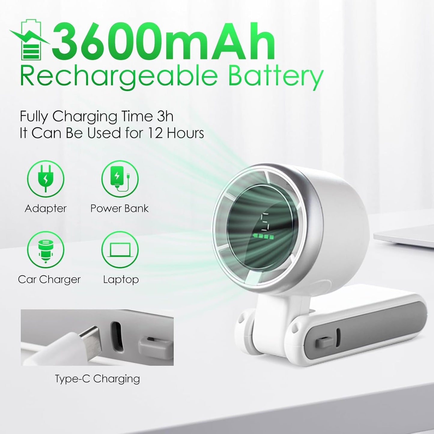 Skiennix Portable Handheld Mini Turbo Fan - USB Rechargeable Neck Fan with 5 Speeds & 3600mAh Battery | 12-Hour Runtime