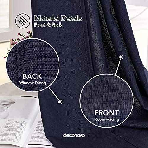 Deconovo Grommet Faux Linen Window Curtains Linen Look Panels Solid Drapes for Kitchen Small Window Navy Blue 52x45 Inch 2 Panels