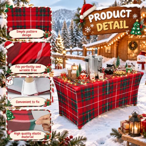 Christmas Plaid Spandex Tablecloth 6FT Red and Green Plaid - Fitted Holiday Table Cover - Variation: Plaid