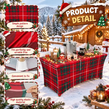 Christmas Plaid Spandex Tablecloth 6FT Red and Green Plaid - Fitted Holiday Table Cover - Variation: Plaid