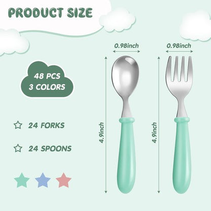Dandat 48 Pcs Toddler Utensils Kids Silverware Set Stainless Steel Baby Forks and Spoons Toddler Safe Flatware Metal Kids Cutlery with Round Thick Grip Handles for Self Feeding, Dishwasher Safe