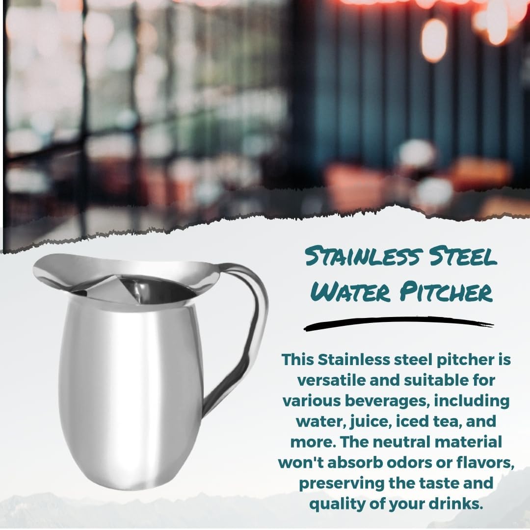 Set of 2-96oz, Smooth Silver Stainless Steel Water Pitcher With Ice Guard, stainless steel pitcher for restaurants.