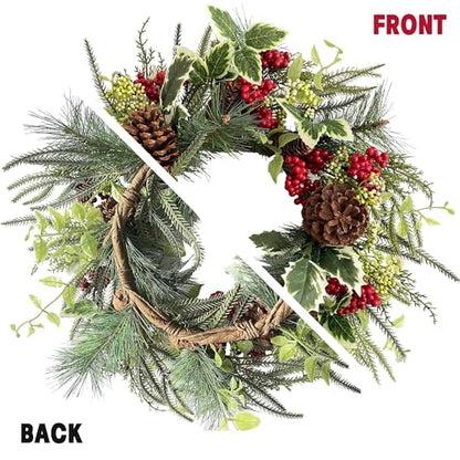 20 Inch Christmas Wreath with Holly Leaves - Artificial Door Holiday Decor