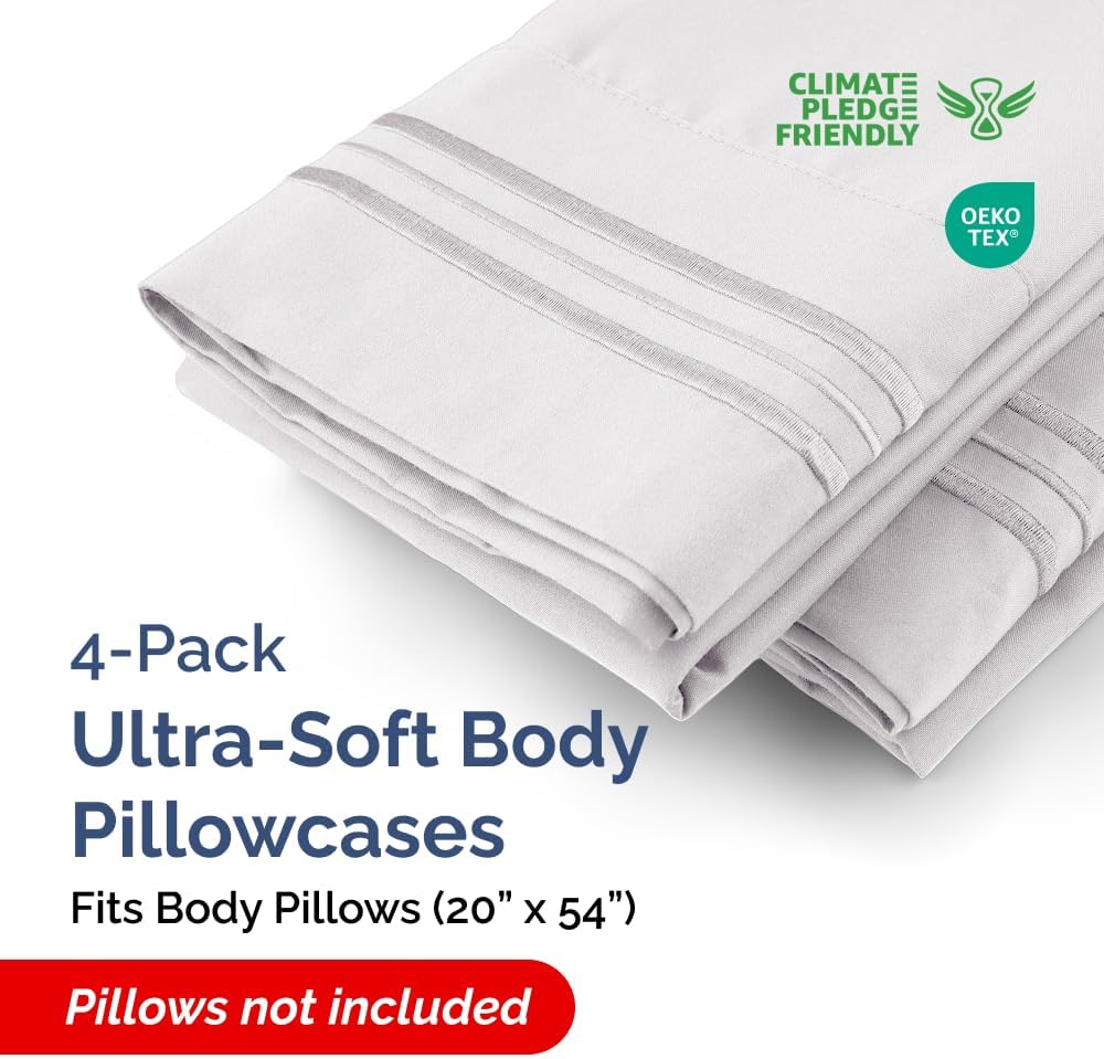 Skiennix Body Pillowcases Set of 4 | Soft & Breathable 20x54 Long Pillow Covers - Fade-Free & Machine Washable - French Grey