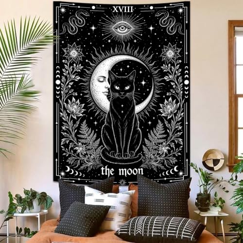 Gothic Black Cat Moon Tarot Wall Tapestry - 44x60in Mystic Decor