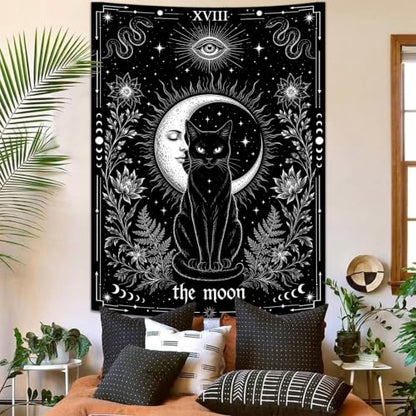 Gothic Black Cat Moon Tarot Wall Tapestry - 44x60in Mystic Decor