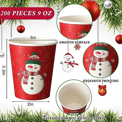 Christmas Paper Cups 9 Oz Snowman Style Pack of 200 - Hot Cold Drinks