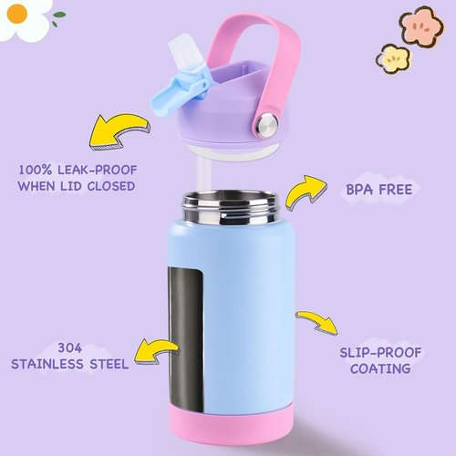 Kerilyn Kids Water Bottles - 12oz Stainless Steel Insulated, Leak-Proof | 2-Pack Cerulean & Charm Pink