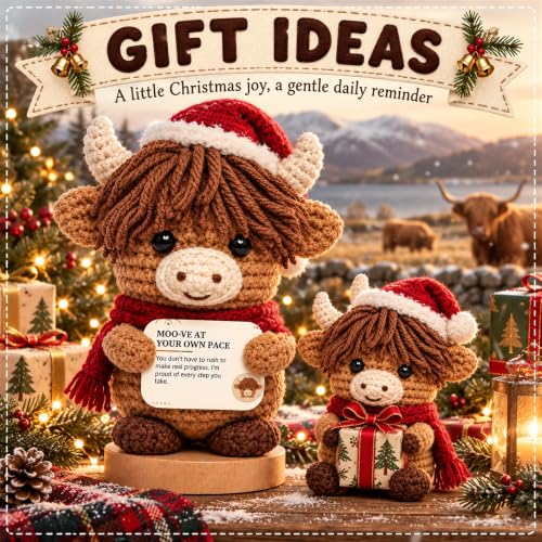 Positive Highland Cow Crochet Support Animal with Wooden Base - Inspirational Desk Decor - Cow