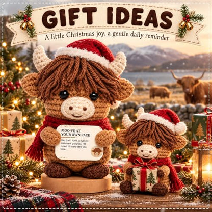 Positive Highland Cow Crochet Support Animal with Wooden Base - Inspirational Desk Decor - Cow