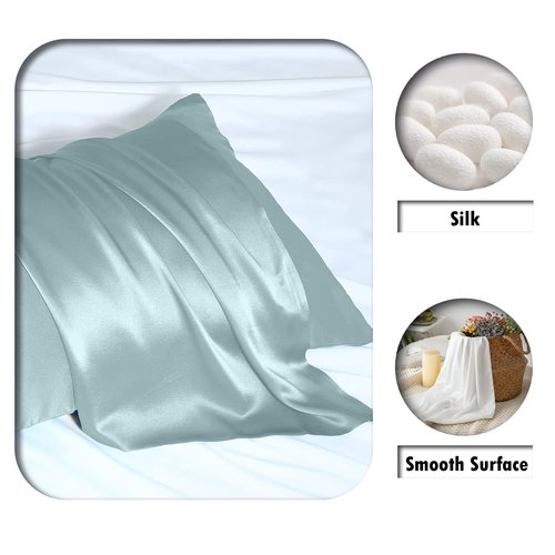 Mulberry Silk Pillowcase for Hair and Skin Queen Size 20"X 30" Pillow Case with Hidden Zipper Soft Breathable Smooth Cooling Silk Pillow Covers for Sleeping (Haze Blue,Queen,1Pcs)