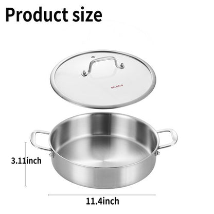 DELARLO 5.5QT Tri-Ply Stainless Steel Saute Pan With Lid, 12.3inch Braiser Pans, Large Frying pan,18/10 Induction Skillet with Glass Lids, Efficent Fast pan for Boiling, Braising, Stewing, Sautéing