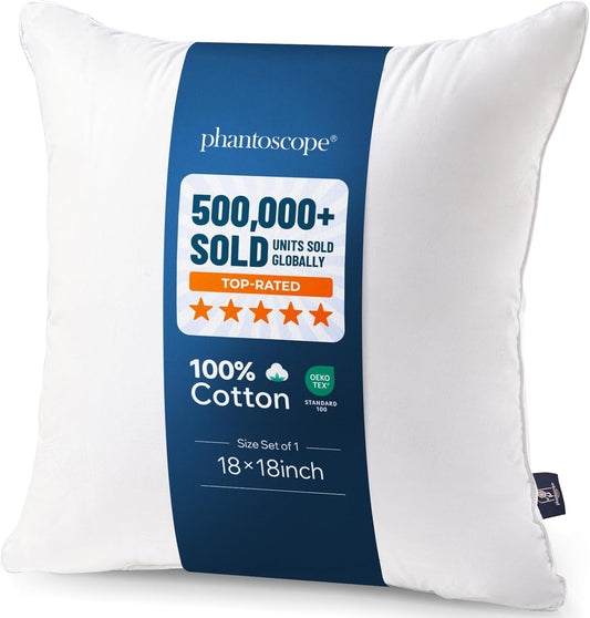 Phantoscope 18x18 Pillow Insert - Premium 100% Cotton Throw Pillow Stuffer - 18 Inch Microfiber Cushion, 1 Count