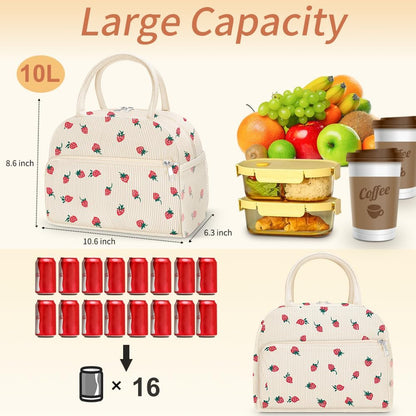 Coobiiya Corduroy Lunch Bag - Insulated Strawberry Tote for Work, Travel & Picnics - Large Capacity