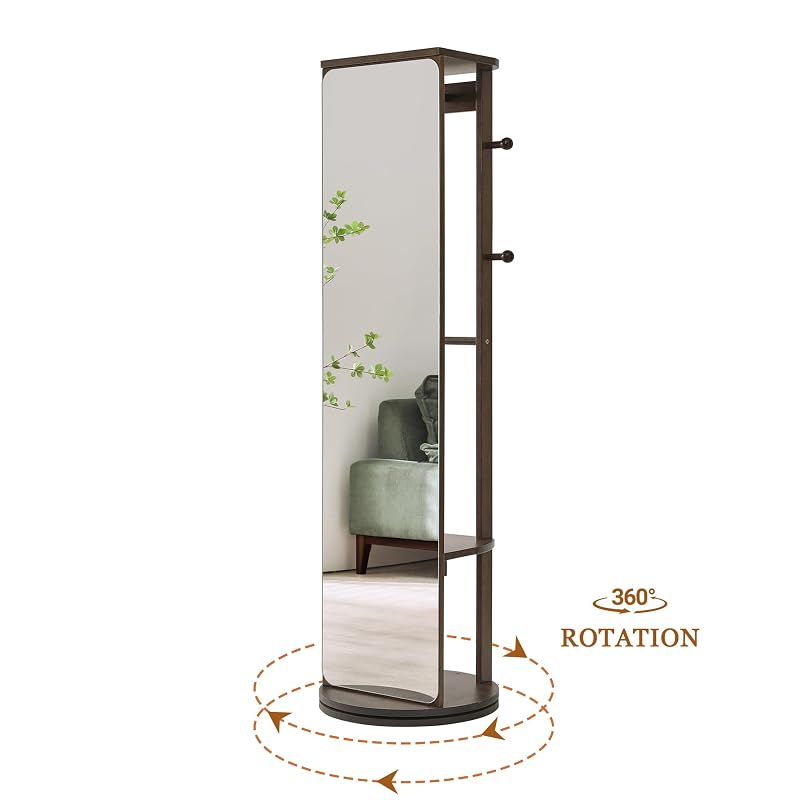 Walnut 68" L x 19" W Full Length Mirror with Coat Rack & Shelf - 360° Rotating Solid Wood