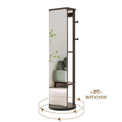 Walnut 68" L x 19" W Full Length Mirror with Coat Rack & Shelf - 360° Rotating Solid Wood