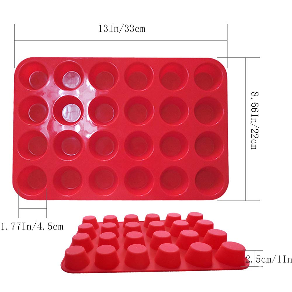 Qtopun Silicone Mini Muffin Pan, 4 Pack 24 Cups Silicone Mold Cups Baking Pan, Silicone Muffin Tins Baking Moulds-Red