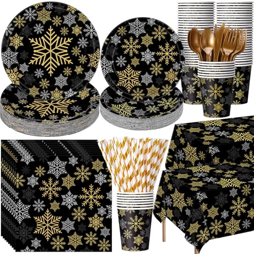 Funnymoom Black Gold Silver Snowflake Christmas Party Supplies - 452 Pcs, Snowflake Theme
