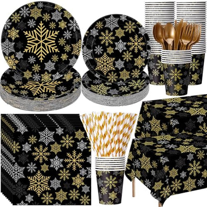 Funnymoom Black Gold Silver Snowflake Christmas Party Supplies - 452 Pcs, Snowflake Theme