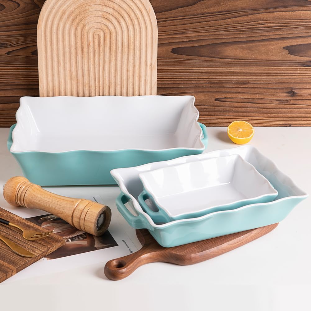 Sweejar Casserole Dishes - Ceramic Bakeware Set of 3 | Rectangular Baking Dish with Handles, Turquoise