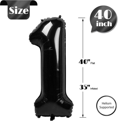 Black Number 1 Balloon - 40 Inch Shiny Birthday Decoration for Baby Boy or Girl