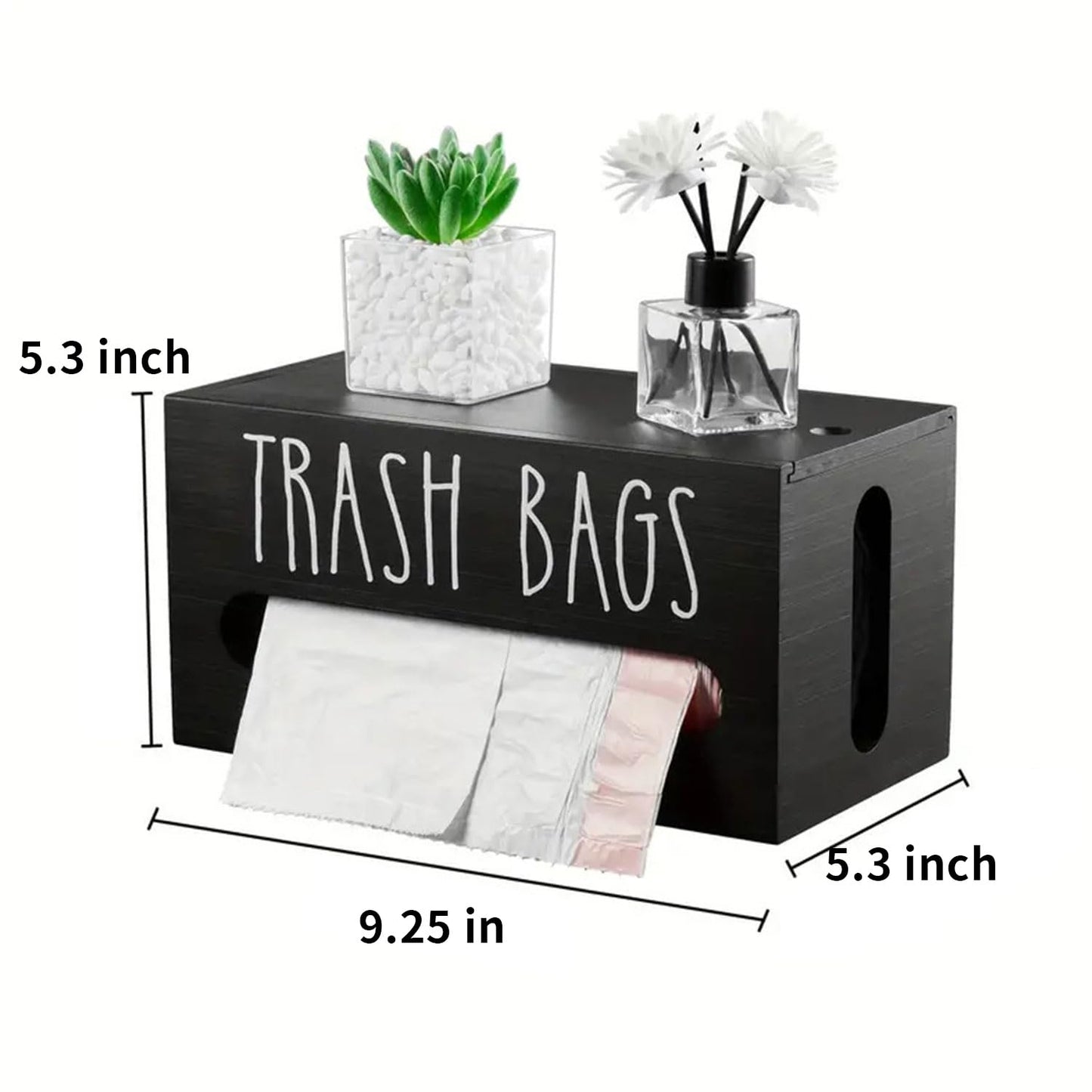 Wooden Trash Bag Dispenser, Trash Bag Holder Wall Mount, Garbage Bag Holder for Cabinet, Farmhouse Plastic Bag Holder for Kitchen Countertop, Under Sink Laundry Room Storage (Black)