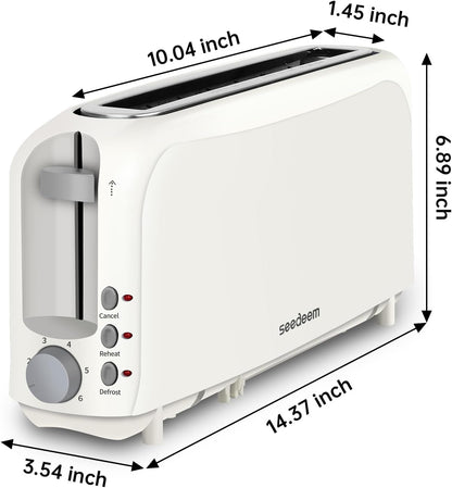 SEEDEEM 2-Slice Slim Toaster - Fits Bagels & Artisan Bread | 6 Shade Settings, Auto Shut-Off, White