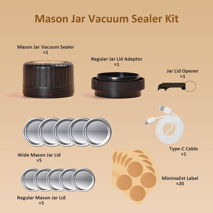 Electric Mason Jar Vacuum Sealer - Fully Automatic Kit for Regular & Wide Mouth Jars | Essential Tool for Canned Foods - Black