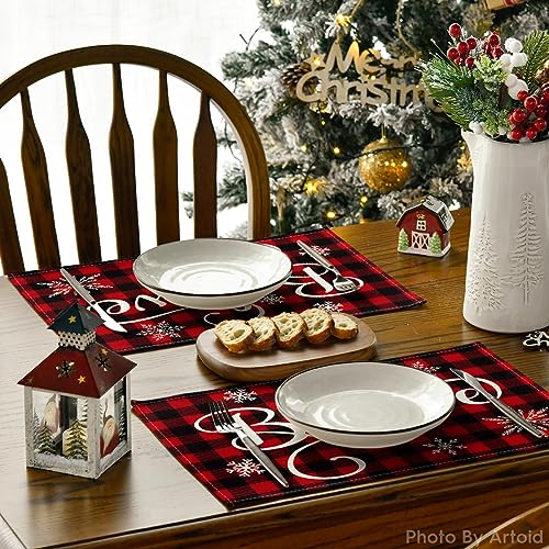 Christmas Buffalo Check Plaid Placemat Set of 4 - 12 x 18 Inches, Red & Black, Washable Rustic Table Decor