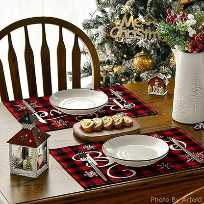 Christmas Buffalo Check Plaid Placemat Set of 4 - 12 x 18 Inches, Red & Black, Washable Rustic Table Decor