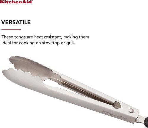 KitchenAid Stainless Steel Serving Tongs - 9 Inch with Secure Closing Lock & Hang Hook