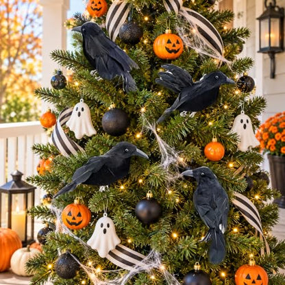 4 Pcs Realistic Black Crow Halloween Decor Clip-On Fake Feathered Props