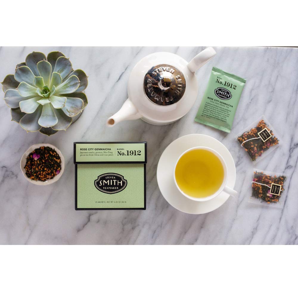 Smith Teamaker | Rose City Genmaicha No. 1912 - Sencha, Genmai, Mao Feng Green Tea & Rose Petals | Caffeinated Roasted Rice Full Leaf Green Tea Blend (15 Sachets, 1.26oz each)