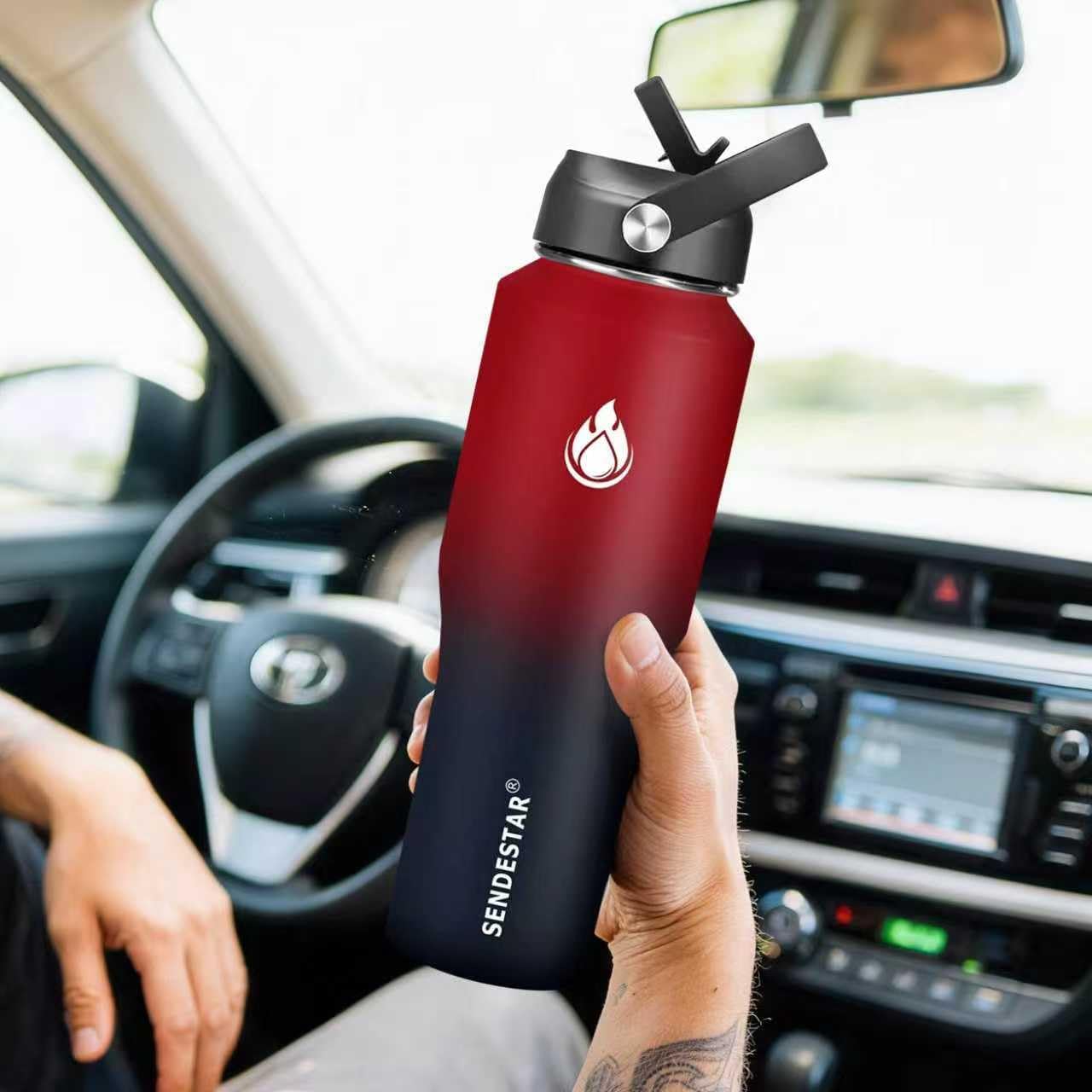 SENDESTAR 32oz Stainless Steel Water Bottle - Wide Mouth, Vacuum Insulated, Fits Car Cup Holders - 2 Lids Included
