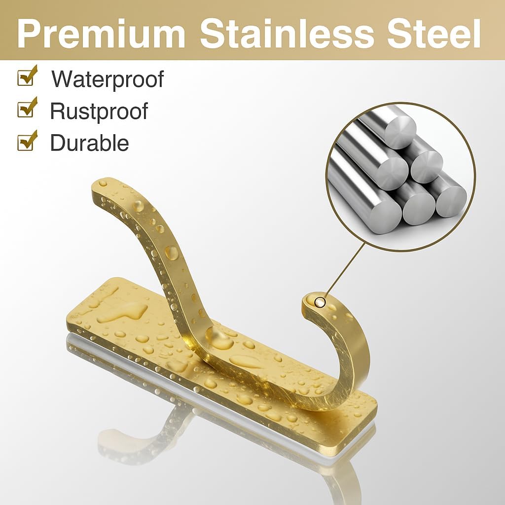Pickpiff Adhesive Wall Coat Hooks - Heavy-Duty Metal Hangers for Towels, Bags, and Clothes - Gold, 4 Pack