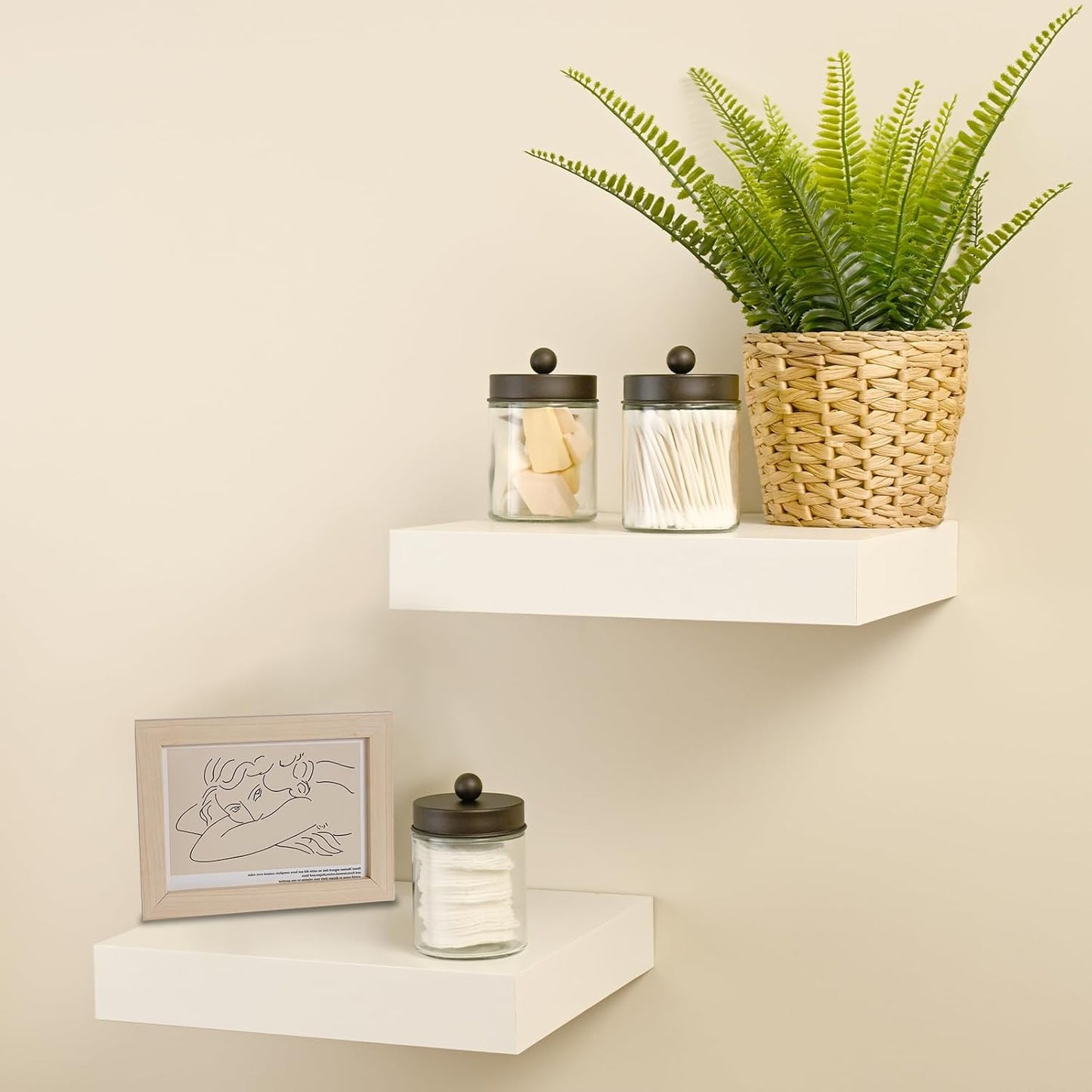SheeChung Qtip Dispenser Holder Set - 4 Glass Apothecary Jars with Bronze Lids | Bathroom Storage Organizer