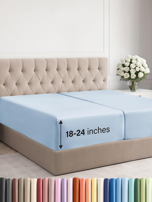 Extra Deep Split King Fitted Sheet - Hotel Luxury Single Fitted Sheet Only - Easily Fits 18 inch to 24 inch Mattress - Ultra Soft, Wrinkle Free with Extra Deep Pockets - Breathable & Comfy - Sky Blue