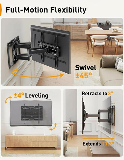 Perlegear Full Motion TV Wall Mount for 26-74 inch TVs, Height Adjustable TV Mount, Pre-Assembled Wall Mount TV Bracket with Tool-Free Tilt, Swivel, Fits 16” Studs, 99 lbs, Max VESA 400x400mm, PGMF21